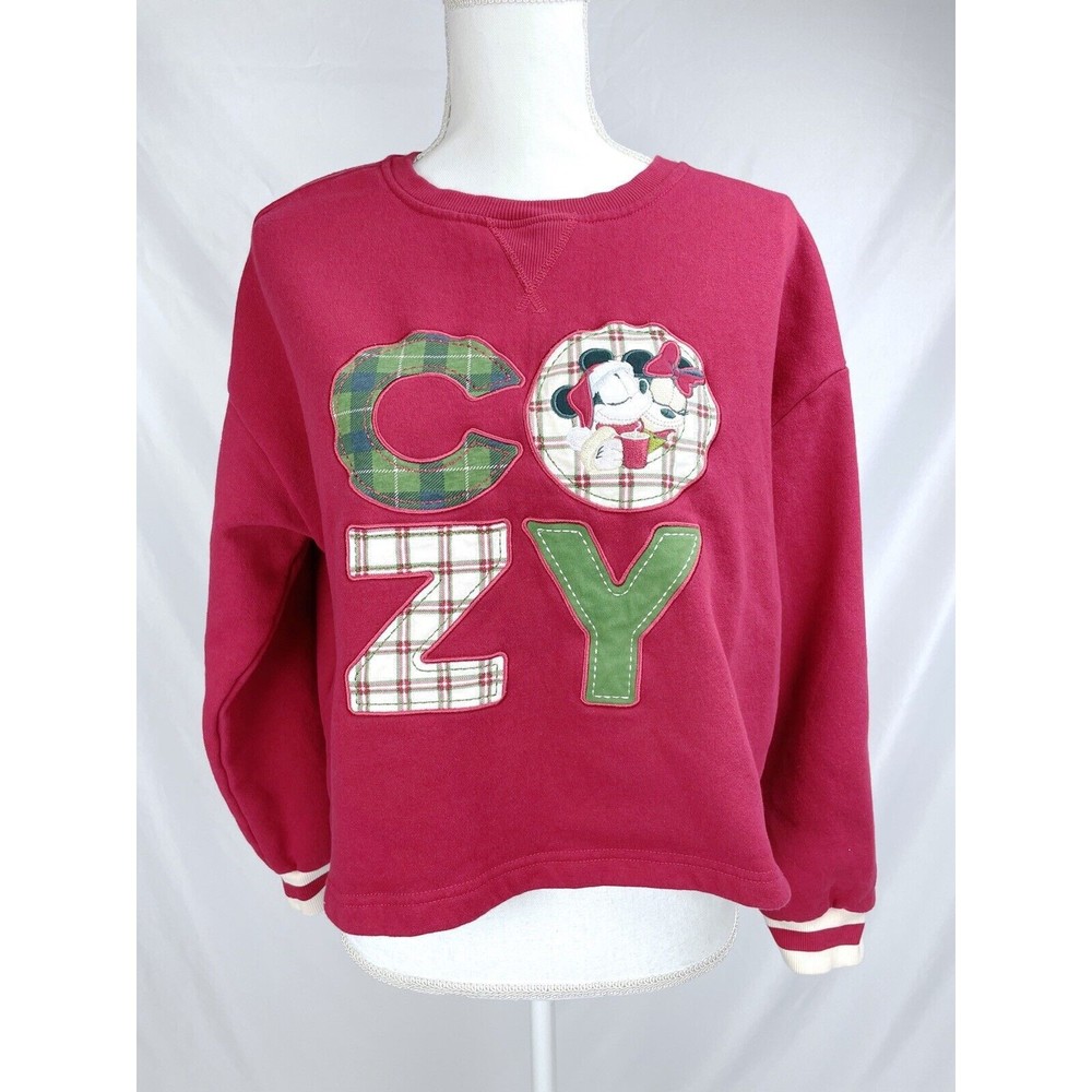 Disney Women LARGE Red COZY Embroidered Sweatshirt Mickey Minnie Mouse Christmas